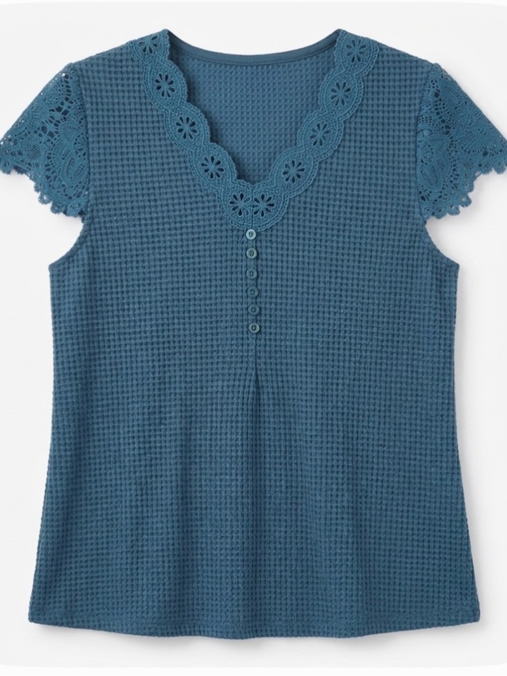 Crochet V-Neck Pullover Top, Women’s L, Peacock Blue